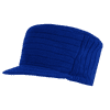 A blue flat top cap with a ribbed texture and a short brim, featuring a logo on one side.