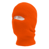An orange beanie with one hole for the face, featuring a ribbed texture. It has a logo on the side.