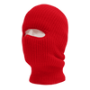 A red face mask beanie with one hole for the eyes. It features a ribbed texture and has a logo on it.