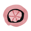A pink bucket hat with a black interior and adjustable straps. It features a logo on the side.