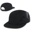 Five-panel racer caps in black, featuring a contrasting visor and a logo on the side.