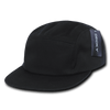 A black 5 Panel Racer Cap with a flat brim and a side branding patch.