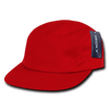 A red 5 panel racer cap featuring a side logo, designed for casual wear.