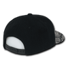 A black snapback cap featuring a textured animal pattern on the peak and an adjustable strap at the rear.