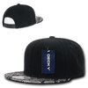 A black snapback cap featuring an animal-patterned brim and a logo tag attached.