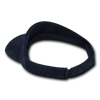 A navy terry visor with a soft, absorbent fabric and a curved brim, featuring a logo on the band.