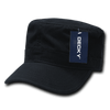 A black cap with a flat brim and military style, featuring a brand tag.