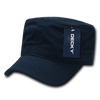 A washed G.I. cap in navy blue with a tag attached, featuring a branded logo.
