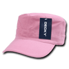 A washed pink G.I. cap with a folded brim and a tag attached, featuring a logo.