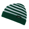 A green and white striped beanie with a black logo label on the rim.