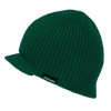 A green beanie hat with a textured knit design and a small visor, featuring a logo on the side.