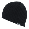 A ribbed black acrylic beanie featuring a small logo on the side.