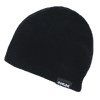 A black beanie with a ribbed knit design and a small logo tag on the side.