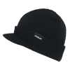A beanie with a flat brim, featuring a black knit design and a small logo on the side.