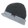 A beanie in two tones, featuring dark grey and light grey colours, with a small logo on the side.