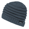 A dark grey slouchy beanie with a textured knitted design and a small logo tag.