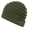 A slouchy beanie in olive green, featuring a ribbed base and a small logo tag on the side.