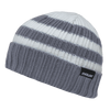 A grey and white striped beanie with a ribbed cuff and a small logo.