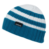 A striped sweater beanie in teal and white, featuring a knitted design and a branded patch.