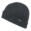 A grey cuff beanie with a knitted texture featuring a logo on the side.