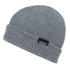 A grey cuff beanie with a brand logo on the side. The design features a ribbed texture.