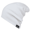 A white reversible beanie with a snug fit and a logo tag on the side.