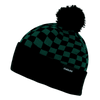 A black and green checkered beanie with a pom-pom on top, featuring a small logo.
