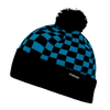 A blue and black checker patterned beanie with a black pom-pom on top and a branded label.