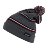 A grey beanie with striped detailing and a pom-pom on top, featuring a logo tag.