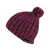 A pink and black beanie with a pom-pom and a logo on the side.