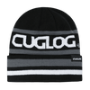 A black and grey beanie with horizontal stripes and a logo on the front.