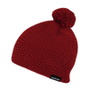 A red knitted beanie with a pom-pom on top and a logo tag on the side.