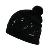 A black knit beanie featuring a pom-pom on top and a branding logo on the side.