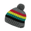 A knitted beanie featuring grey, red, yellow, green, and black stripes, topped with a pom-pom. It has a logo.