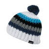 A striped beanie in white, blue, grey, and black with a pom-pom on top and a small logo on the side.