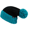 A black and teal knitted beanie with a large pom-pom on top and a logo on the side.
