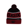 A red and black beanie featuring a pom-pom on top and a logo on the front.