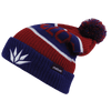 A red and navy beanie with a pom-pom on top and a logo on the side.