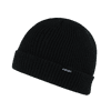 A black knit beanie featuring a simple logo on the side.