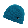 A blue beanie with a textured knit design and a small logo on the side.