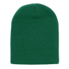 A green beanie hat featuring a ribbed texture and a fitted design, with no cuff at the brim.