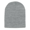 A grey beanie with a ribbed texture and a rounded top. It features a logo but no text.