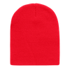 A red beanie made of knitted fabric, featuring a rounded top and a ribbed texture.