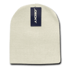 Acrylic short knit cap in cream colour with a logo tag attached.