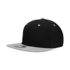 A black six-panel high profile structured fitted cap with a grey brim, featuring a logo.