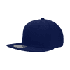 A navy blue 6 panel high profile structured fitted cap with a flat brim and a logo.