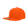 A high-profile orange fitted cap with a structured design and a flat brim, featuring a logo.