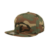 A camouflaged, high-profile structured fitted cap in shades of green, brown, and black with a logo patch.
