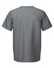 A grey tunic with a simple design and short sleeves, featuring a logo on the back.