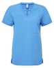 A blue women's tunic with a V-neckline and a chest pocket, featuring a logo.